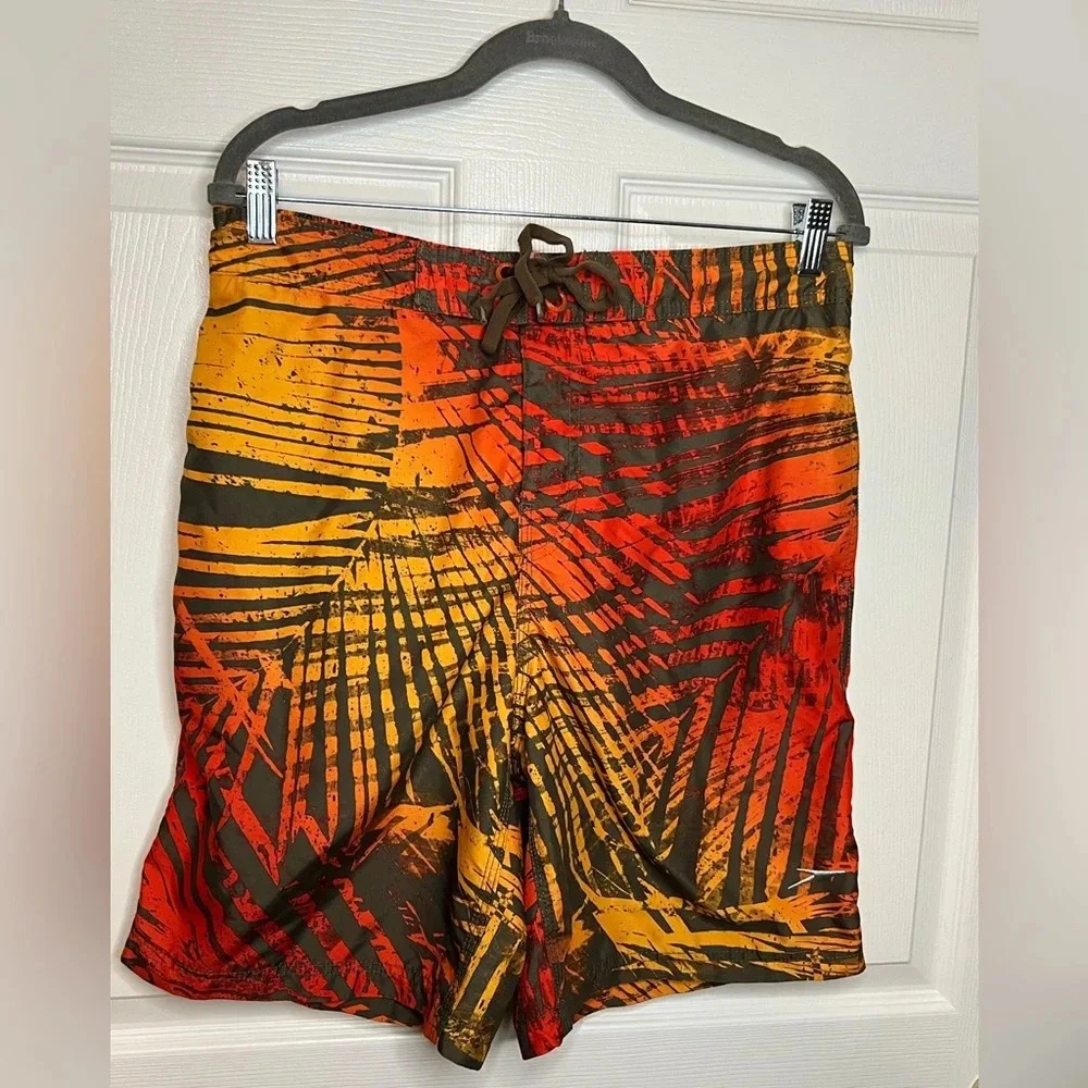Speedo Men’s Swim Trunks Orange Yellow Tropical Print Size Medium GUC